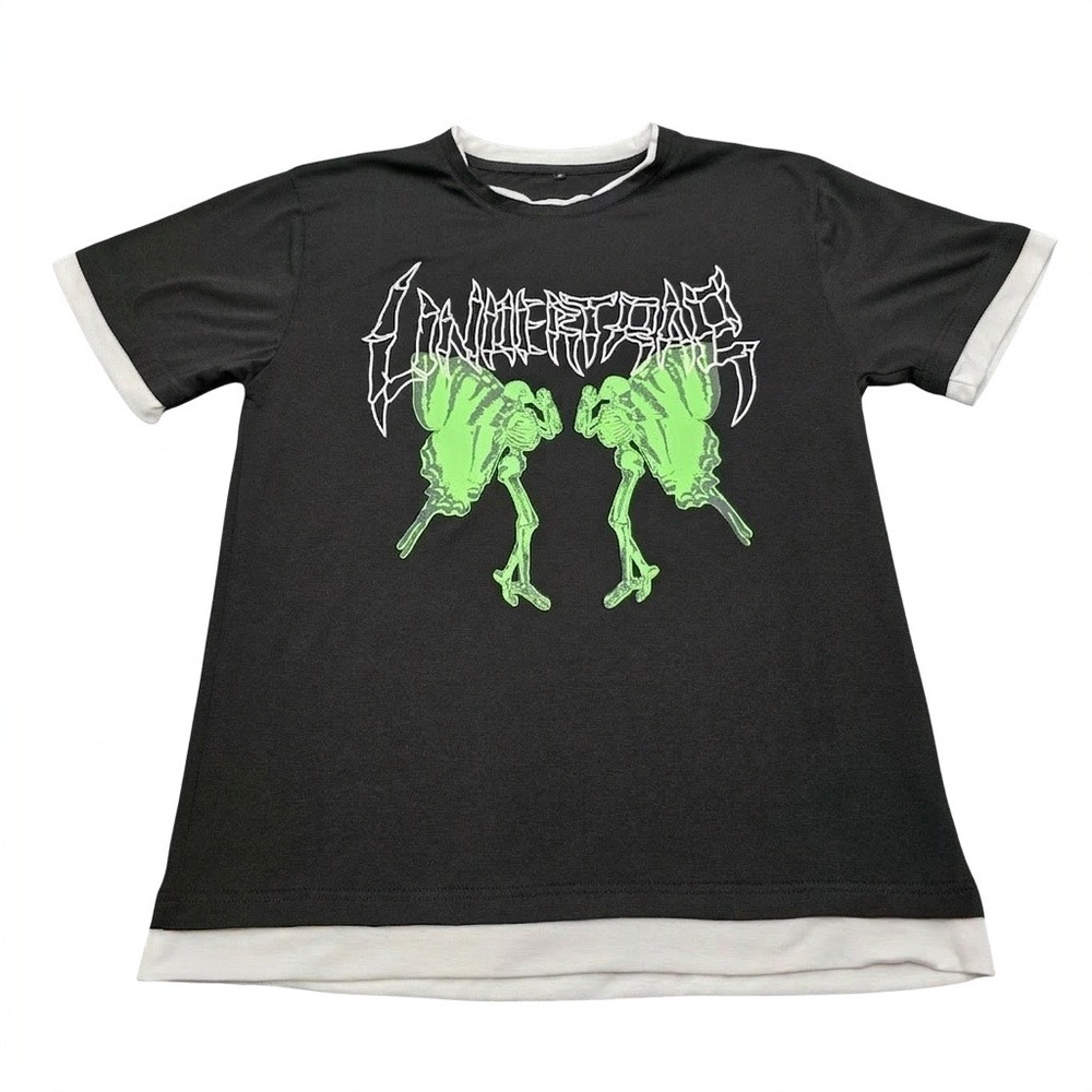 SHEIN Undertrap Graphic Tee Skeleton Butterfly Cyber Y2K Goth‎ Ringer Shirt S